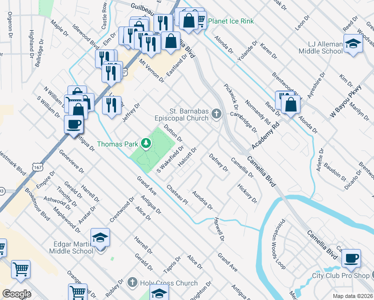 map of restaurants, bars, coffee shops, grocery stores, and more near 610 Dutton Drive in Lafayette