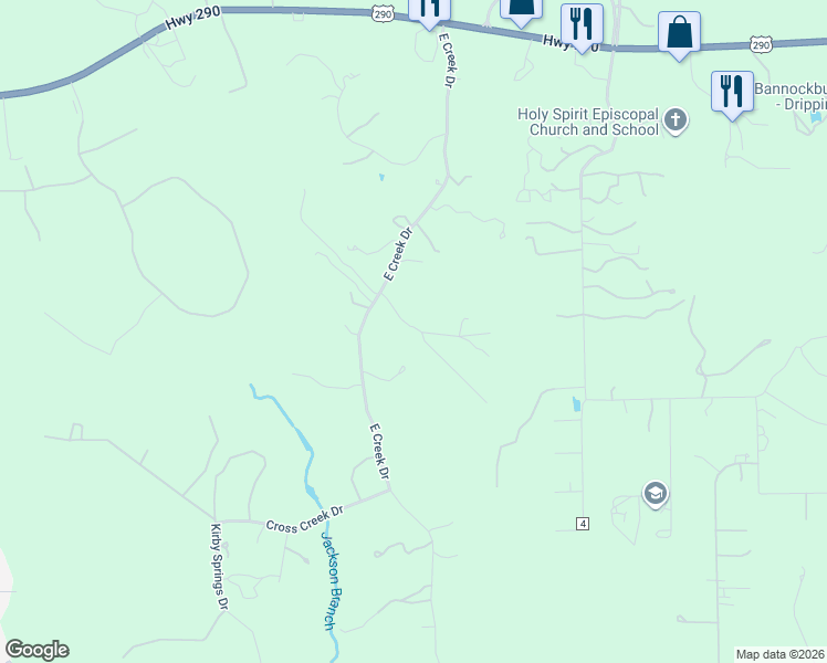 map of restaurants, bars, coffee shops, grocery stores, and more near 2462 East Creek Cove in Dripping Springs