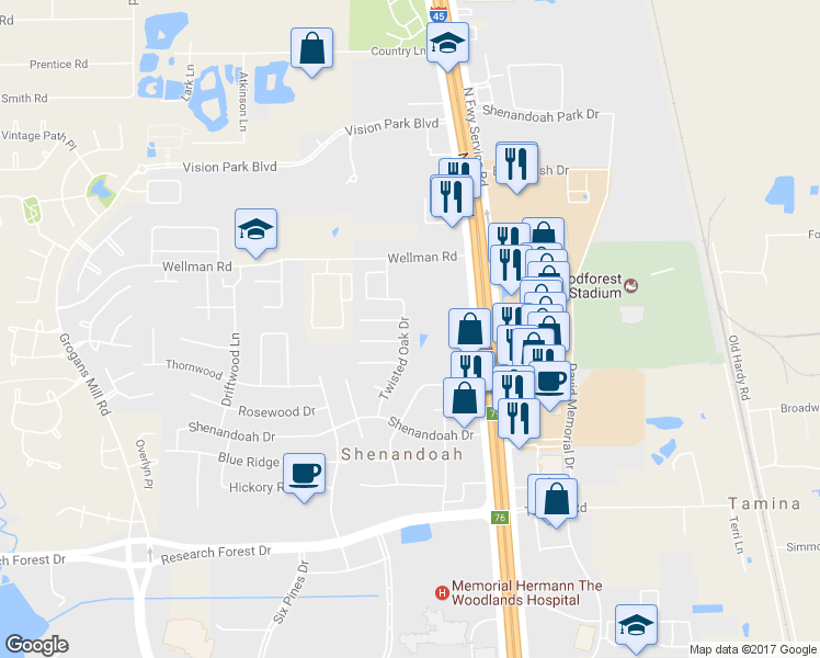 map of restaurants, bars, coffee shops, grocery stores, and more near 28962 Twisted Oak Drive in Shenandoah