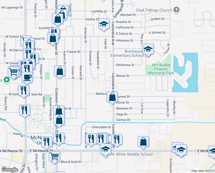 map of restaurants, bars, coffee shops, grocery stores, and more near 1045 Walters Street in Lake Charles