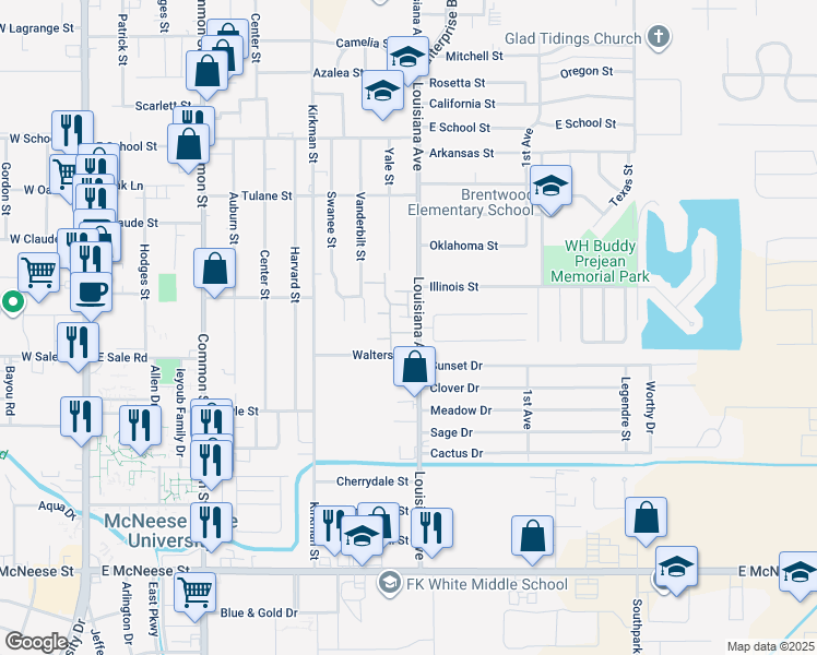 map of restaurants, bars, coffee shops, grocery stores, and more near 4023 Elton in Lake Charles