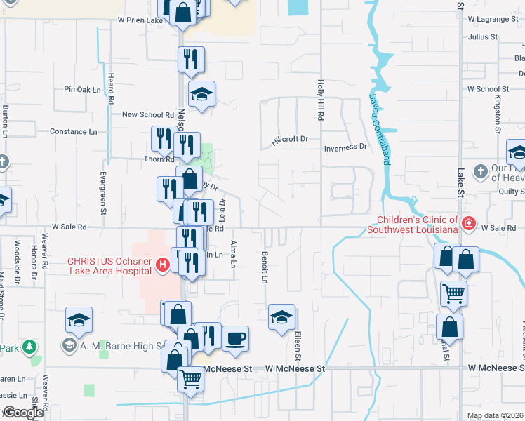 map of restaurants, bars, coffee shops, grocery stores, and more near 4001 Stephen Dr in Lake Charles
