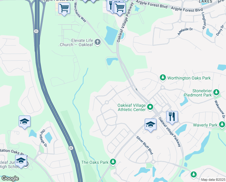 map of restaurants, bars, coffee shops, grocery stores, and more near 872 Thoroughbred Drive in Orange Park
