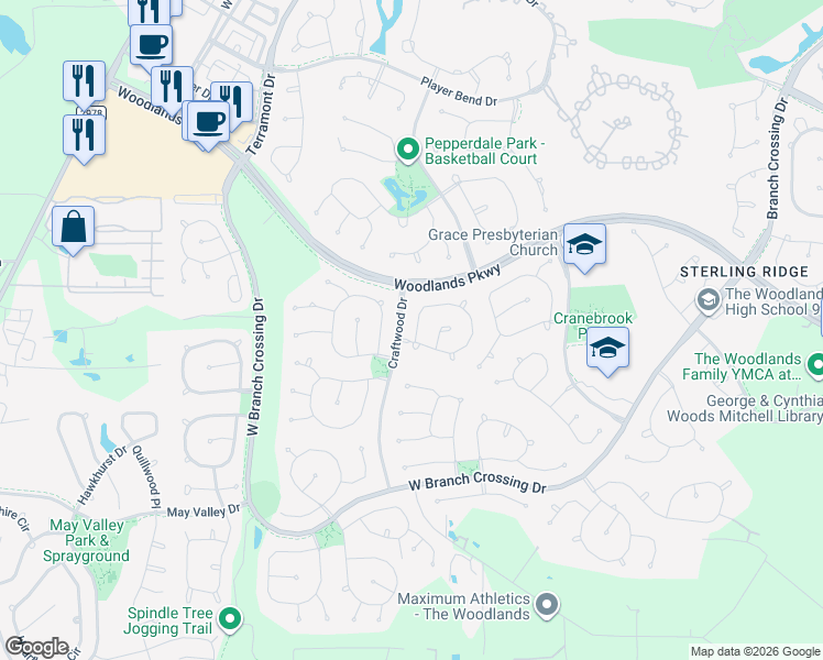 map of restaurants, bars, coffee shops, grocery stores, and more near 7 North Abram Circle in Spring