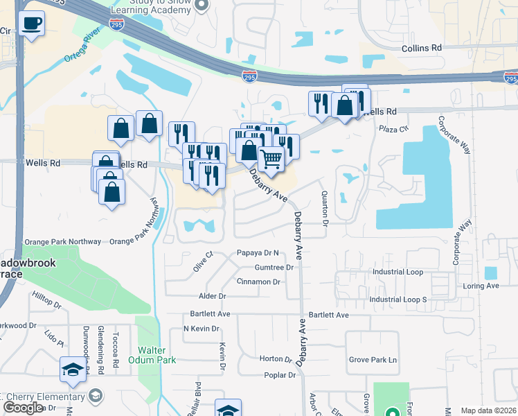 map of restaurants, bars, coffee shops, grocery stores, and more near 1737 Laura Ann Lane in Orange Park