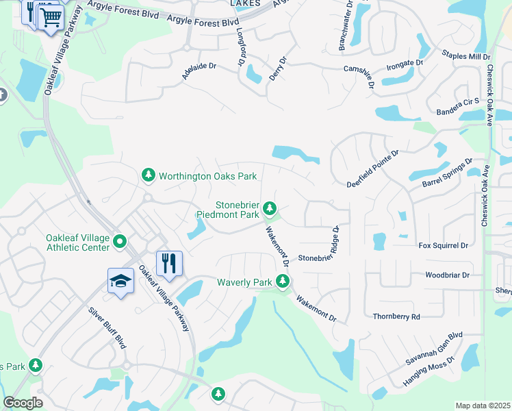 map of restaurants, bars, coffee shops, grocery stores, and more near 552 Wakemont Drive in Orange Park