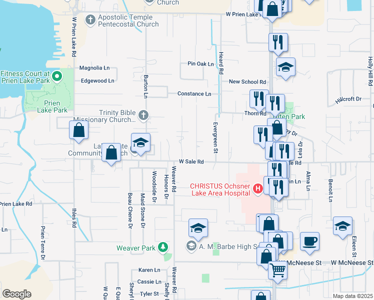 map of restaurants, bars, coffee shops, grocery stores, and more near 4037 Barbe Wood Dr in Lake Charles