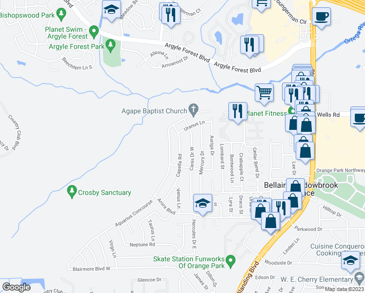 map of restaurants, bars, coffee shops, grocery stores, and more near 316 Capella Road in Orange Park