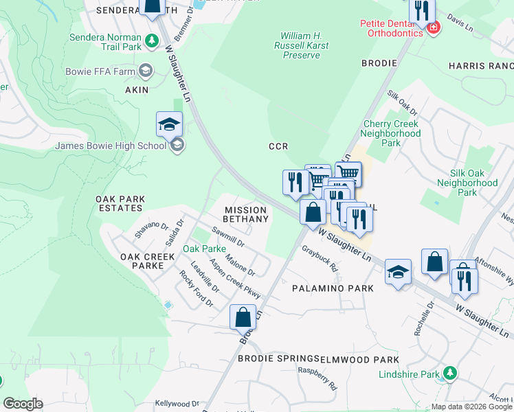map of restaurants, bars, coffee shops, grocery stores, and more near 3615 West Slaughter Lane in Austin