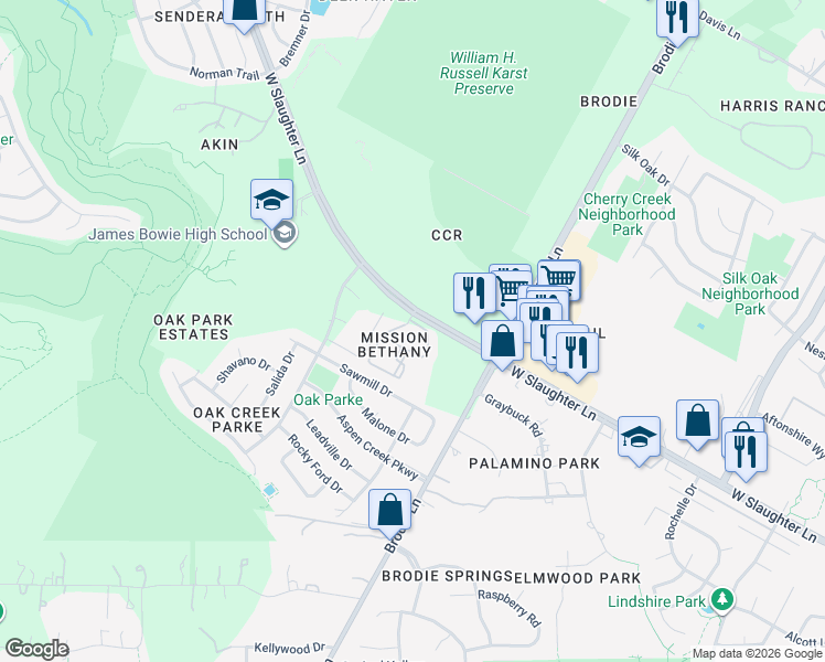 map of restaurants, bars, coffee shops, grocery stores, and more near 3615 West Slaughter Lane in Austin