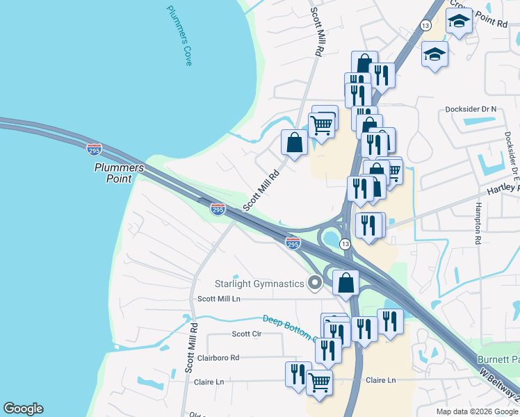 map of restaurants, bars, coffee shops, grocery stores, and more near 10562 Scott Mill Road in Jacksonville