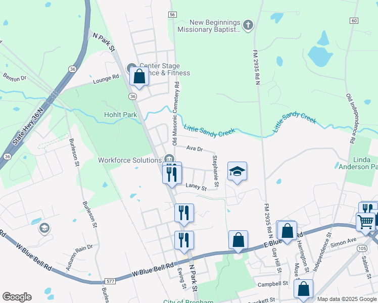 map of restaurants, bars, coffee shops, grocery stores, and more near 202 Ava Drive in Brenham