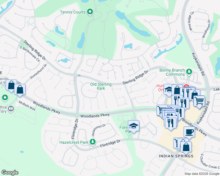map of restaurants, bars, coffee shops, grocery stores, and more near 6 North Chantsong Circle in Spring