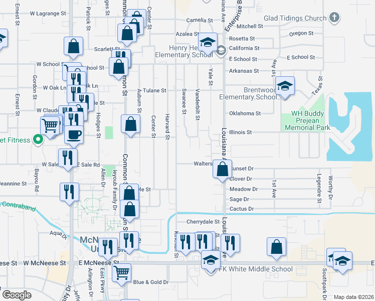 map of restaurants, bars, coffee shops, grocery stores, and more near 4016 Swanee Street in Lake Charles