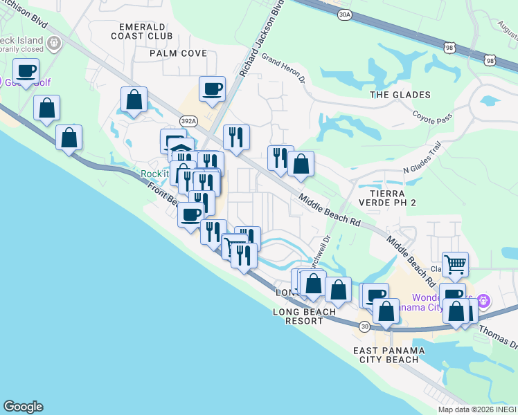 map of restaurants, bars, coffee shops, grocery stores, and more near 150 West Leslie Lane in Panama City Beach