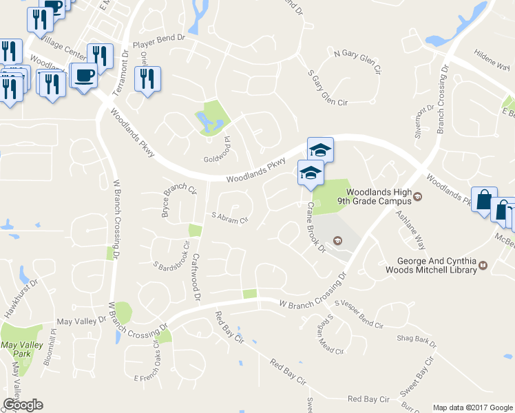 map of restaurants, bars, coffee shops, grocery stores, and more near 83 South Abram Circle in Spring