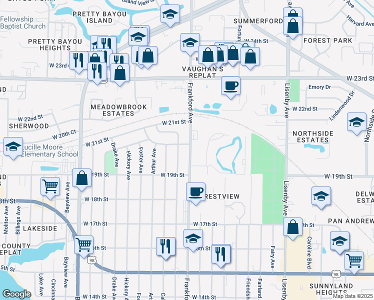 map of restaurants, bars, coffee shops, grocery stores, and more near 1935 Frankford Avenue in Panama City