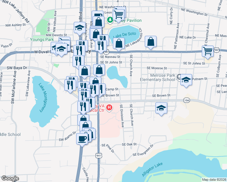 map of restaurants, bars, coffee shops, grocery stores, and more near 230 Southeast Camp Street in Lake City