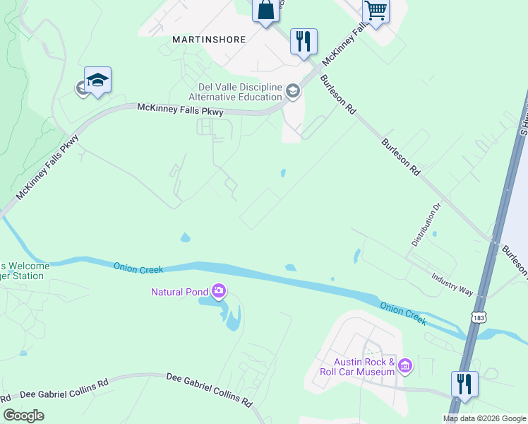 map of restaurants, bars, coffee shops, grocery stores, and more near 7733 Burleson Road in Austin