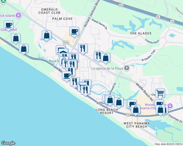 map of restaurants, bars, coffee shops, grocery stores, and more near 150 West Leslie Lane in Panama City Beach