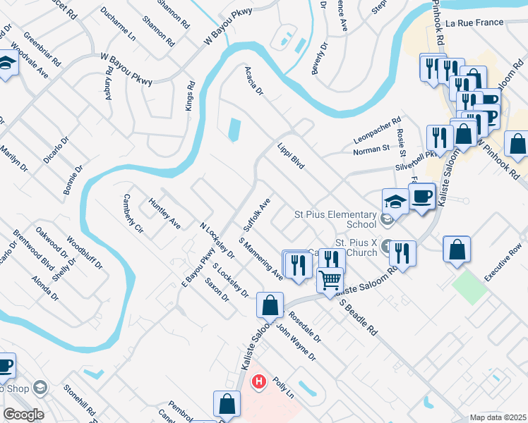 map of restaurants, bars, coffee shops, grocery stores, and more near 306 Suffolk Avenue in Lafayette