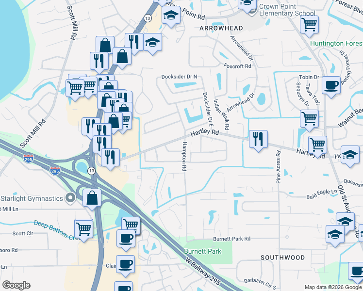 map of restaurants, bars, coffee shops, grocery stores, and more near 3439 Limewood Drive in Jacksonville