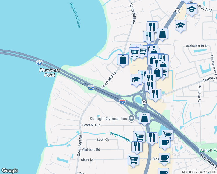 map of restaurants, bars, coffee shops, grocery stores, and more near 10562 Scott Mill Road in Jacksonville