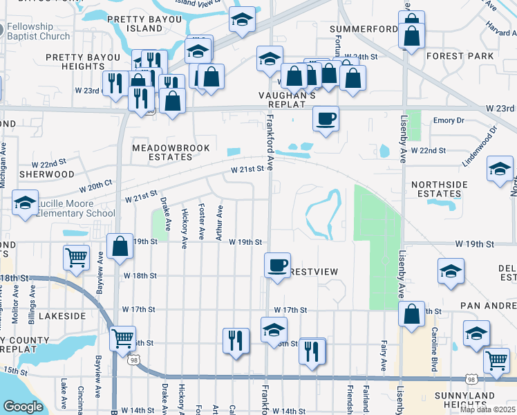 map of restaurants, bars, coffee shops, grocery stores, and more near 1935 Frankford Avenue in Panama City