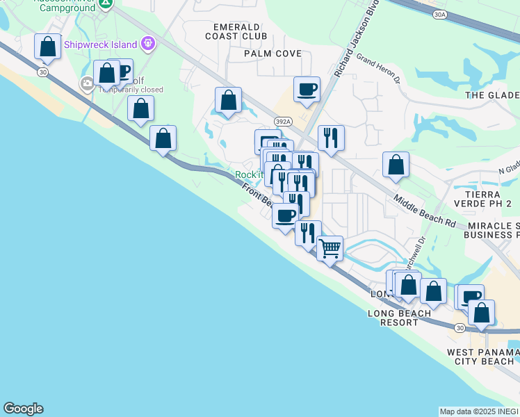 map of restaurants, bars, coffee shops, grocery stores, and more near 11347 Front Beach Road in Panama City Beach