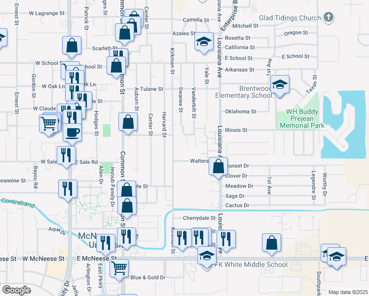 map of restaurants, bars, coffee shops, grocery stores, and more near 4016 Swanee Street in Lake Charles