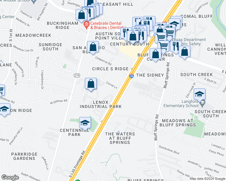 map of restaurants, bars, coffee shops, grocery stores, and more near 7300 South Interstate 35 Frontage Road in Austin
