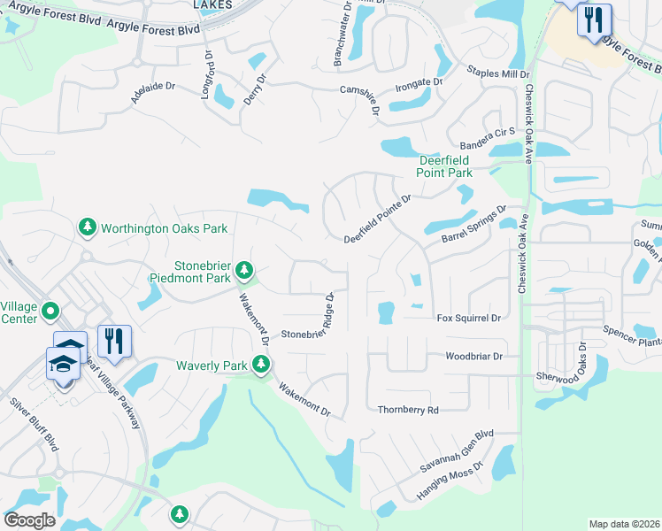map of restaurants, bars, coffee shops, grocery stores, and more near 2820 Pebblewood Lane in Orange Park