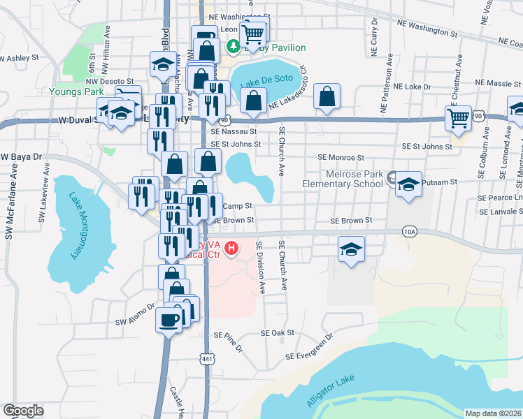 map of restaurants, bars, coffee shops, grocery stores, and more near 306 Southeast Camp Street in Lake City