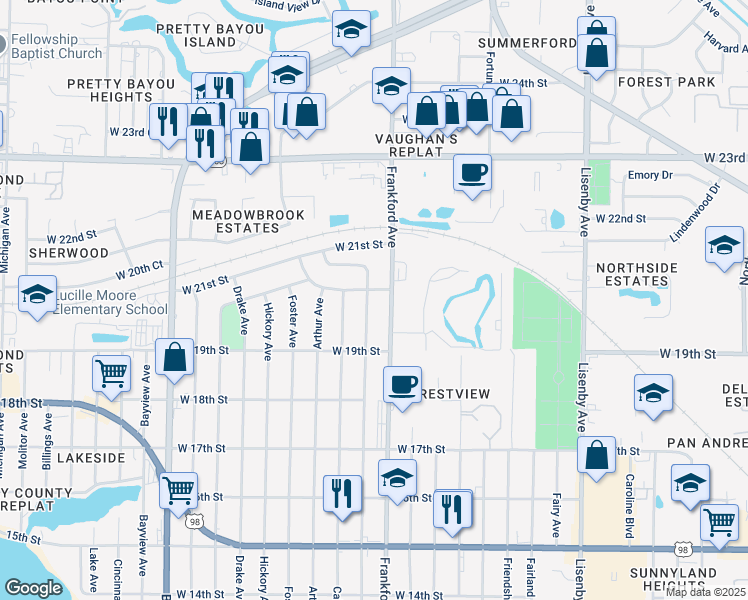 map of restaurants, bars, coffee shops, grocery stores, and more near 1935 Frankford Avenue in Panama City