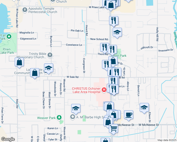 map of restaurants, bars, coffee shops, grocery stores, and more near 4016 Brinlee St in Lake Charles