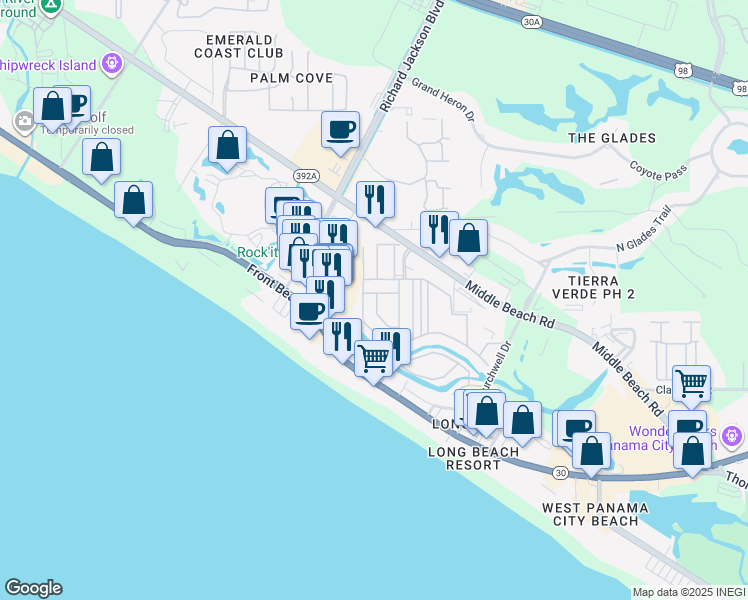 map of restaurants, bars, coffee shops, grocery stores, and more near 150 Abbie Lane in Panama City Beach