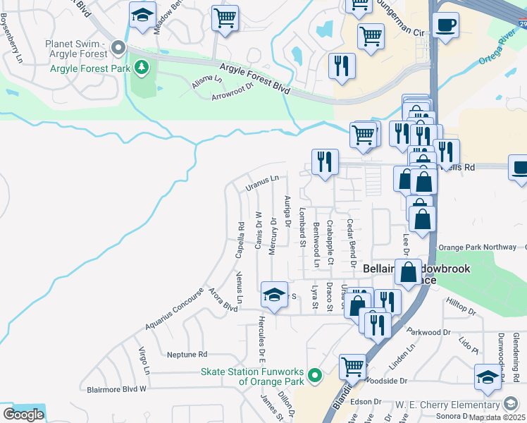 map of restaurants, bars, coffee shops, grocery stores, and more near 318 Canis Drive West in Orange Park