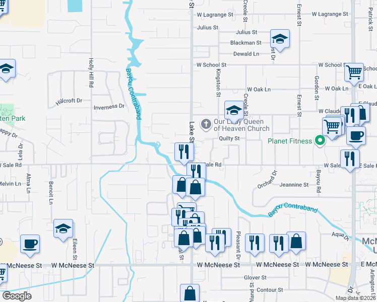 map of restaurants, bars, coffee shops, grocery stores, and more near 824 Garden Lane in Lake Charles