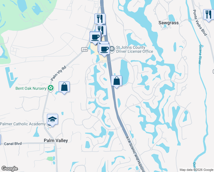 map of restaurants, bars, coffee shops, grocery stores, and more near 836 Tournament Road in Ponte Vedra Beach