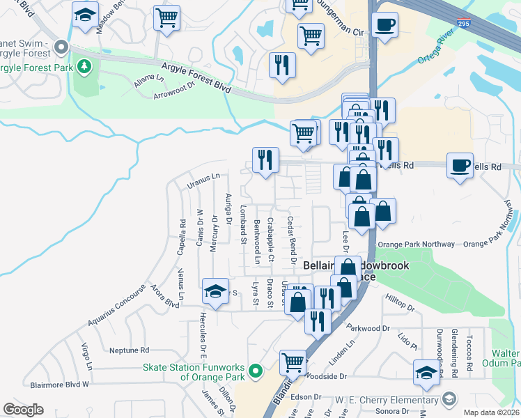 map of restaurants, bars, coffee shops, grocery stores, and more near 459 Lombard Street in Orange Park