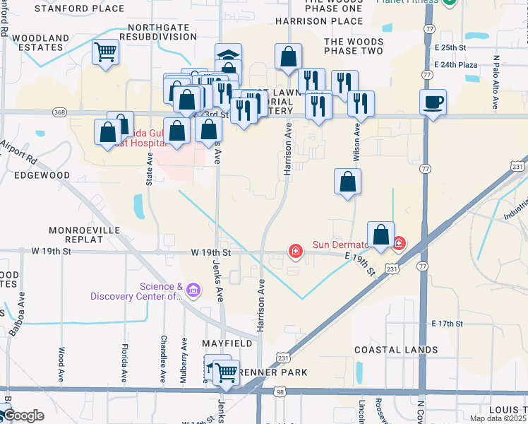 map of restaurants, bars, coffee shops, grocery stores, and more near 2011 Harrison Avenue in Panama City