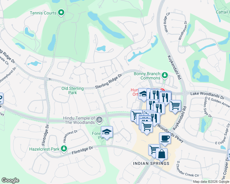 map of restaurants, bars, coffee shops, grocery stores, and more near 18 Columbia Crest Pl in Spring