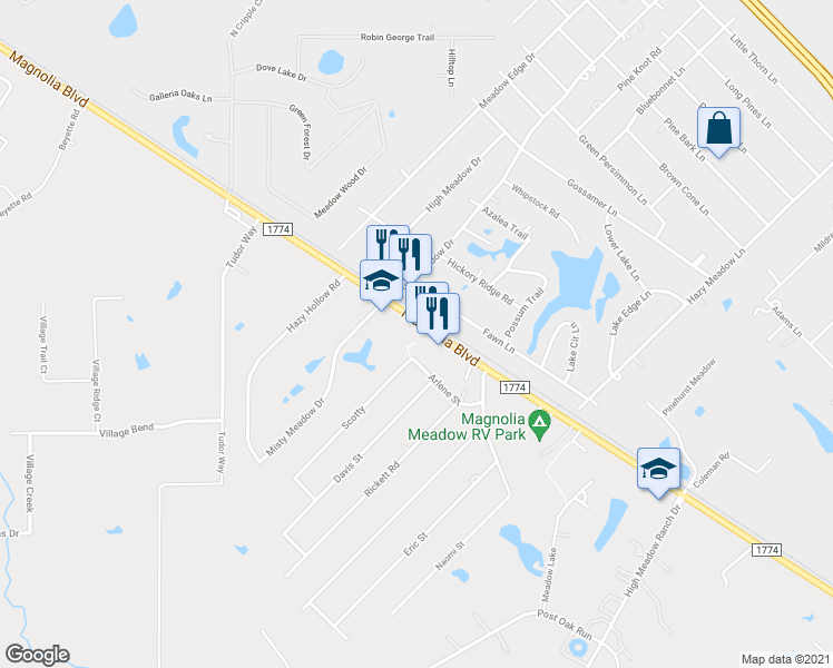 map of restaurants, bars, coffee shops, grocery stores, and more near 37129 Farm-To-Market Road 1774 in Magnolia