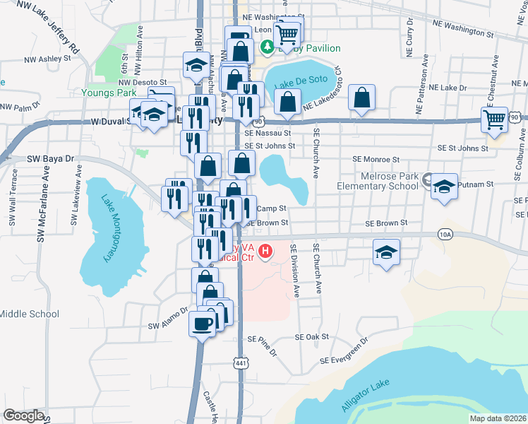 map of restaurants, bars, coffee shops, grocery stores, and more near 230 Southeast Camp Street in Lake City