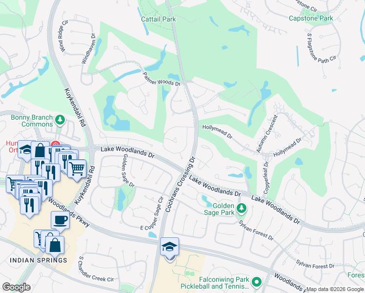 map of restaurants, bars, coffee shops, grocery stores, and more near 99 South Castlegreen Circle in Spring