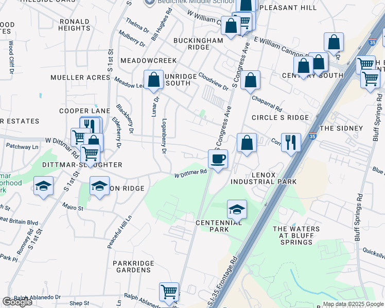 map of restaurants, bars, coffee shops, grocery stores, and more near 7415 Merrick Lane in Austin