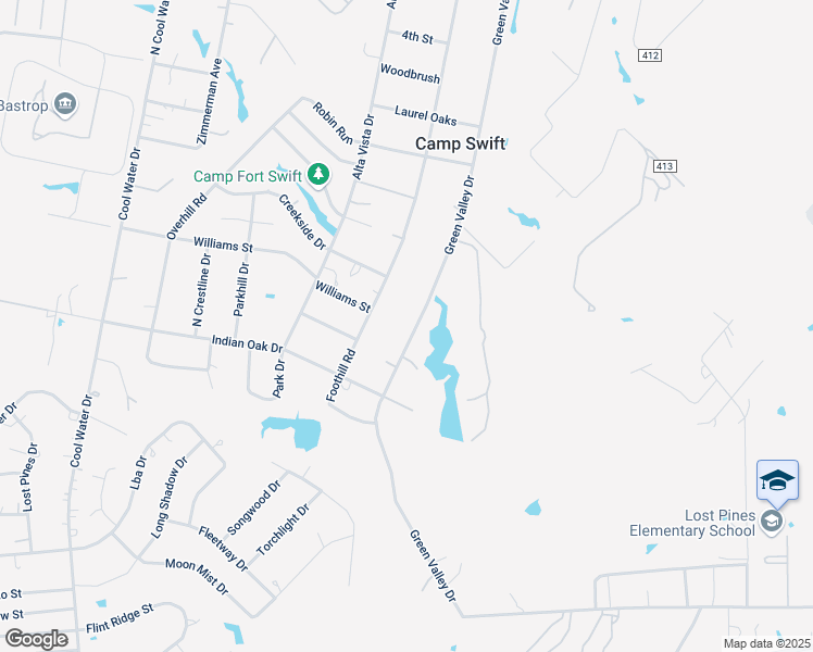 map of restaurants, bars, coffee shops, grocery stores, and more near 523 Green Valley Drive in Bastrop