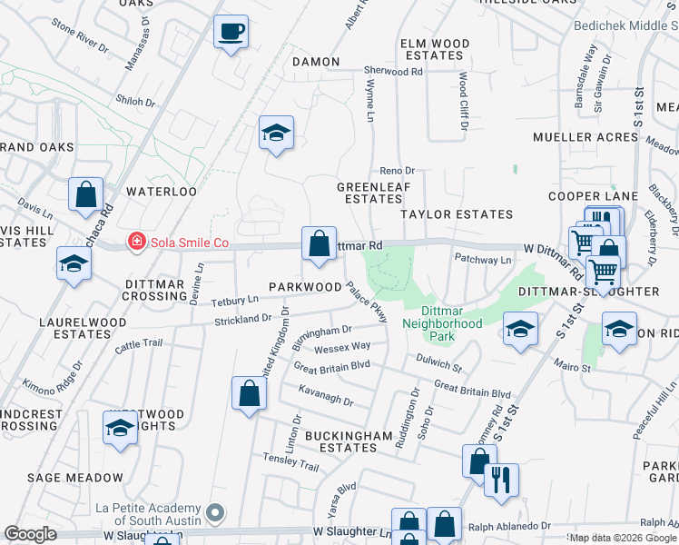 map of restaurants, bars, coffee shops, grocery stores, and more near 8218 Palace Parkway in Austin