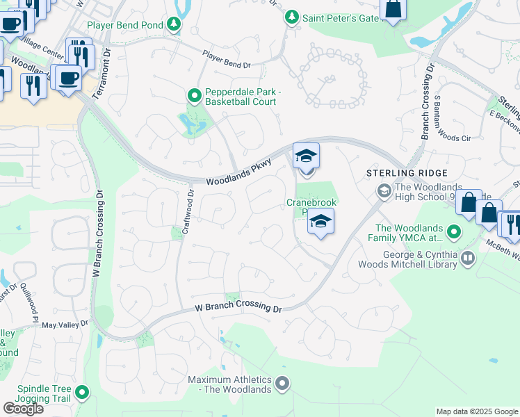 map of restaurants, bars, coffee shops, grocery stores, and more near 151 South Queenscliff Circle in The Woodlands