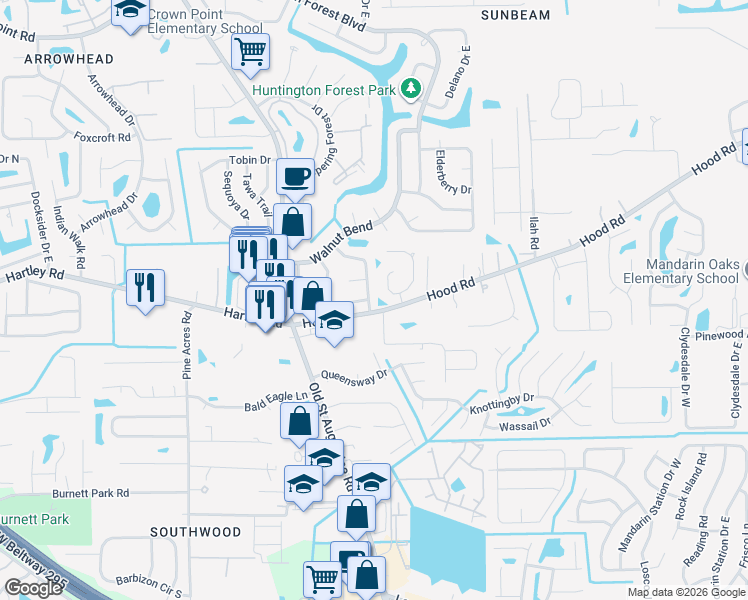 map of restaurants, bars, coffee shops, grocery stores, and more near 10576 Castlebrook Drive in Jacksonville